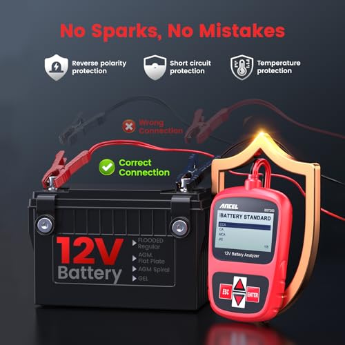ANCEL BST200 Car Battery Tester 12V Battery Load Tester, 100-1100 CCA Automotive Digital Analyzer Tool with Upgraded Reinforced Clamps for Car Truck SUV Motorcycle Boat Marine Vehicles