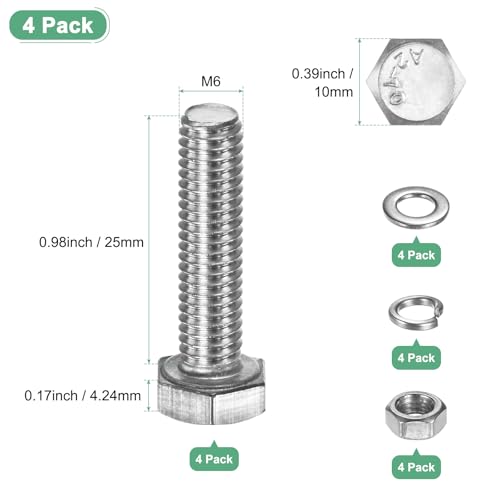 M METERXITY 4-Pack Hex Head Screw Bolt with Nuts Flat & Lock Washers M6x25mm Stainless Steel Bolts and Nuts Kit Fully Threaded Metric Bolt Assortment for Equipment/Machinery - size: M6 x 25mm