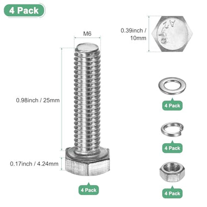 M METERXITY 4-Pack Hex Head Screw Bolt with Nuts Flat & Lock Washers M6x25mm Stainless Steel Bolts and Nuts Kit Fully Threaded Metric Bolt Assortment for Equipment/Machinery - size: M6 x 25mm