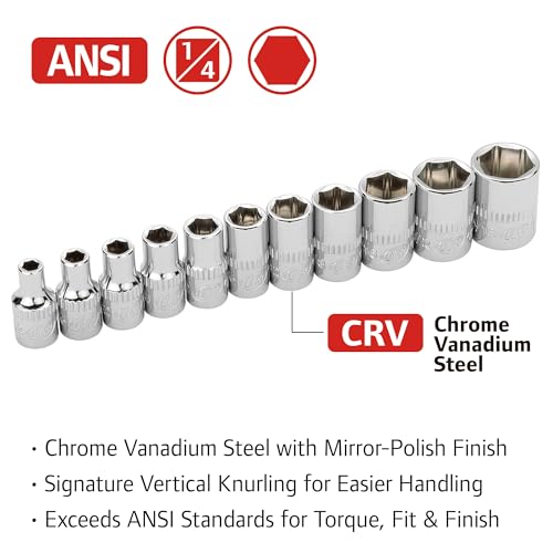 Ingersoll Rand 11-Piece 1/4-Inch Drive SAE Shallow Socket Set, 6-Point, Size: 5/32–9/16 Inch, Chrome Vanadium Steel, Mirror-Polish Finish, with Thermoform Organizer Tray – 752044X - size: 1/4 in. Drive Shallow Socket Set, style: SAE