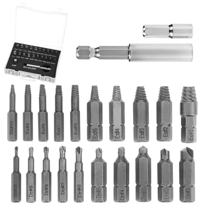 QWORK Screw Extractor Set for Stripped, Broken, Damaged Screws, 22 PCS Stripped Kit, Damaged Screw Remover Set, with Magnetic Extension Bit Holder and Socket Adapter