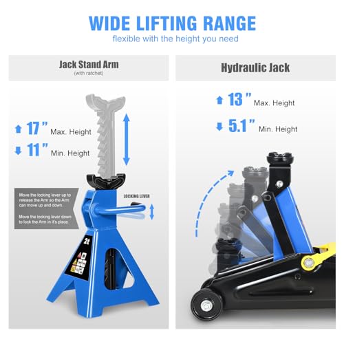 PM PERFORMOTOR Low Profile Hydraulic Trolley Service/Floor Jack Combo with 2 Ratchet Jack Stands, 2 Ton (4000 lbs) Capacity, Blue, PM-TOL-FJ3P-BL - color: Blue