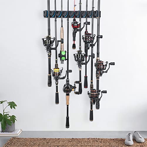 PLUSINNO Vertical Fishing Rod Holder, Wall Mounted Fishing Rod Rack, Fishing Pole Holder Holds Up to 9 Rods or Combos, Fishing Rod Holders for Garage, Fishing Gear and Gifts for Men - style: Blue 1-pack (store 9 combos)