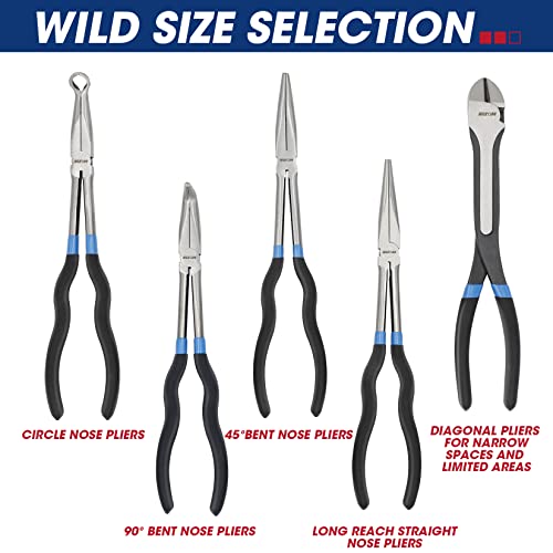 RIZOM 5-Piece 11 Inch Long Needle Nose Pliers Set, Extra Long Reach Pliers Set, 45°&90° Bent Needle Nose Pliers, Circle Nose and Diagonal Pliers for Narrow Spaces and Limited Areas - size: 5PCS