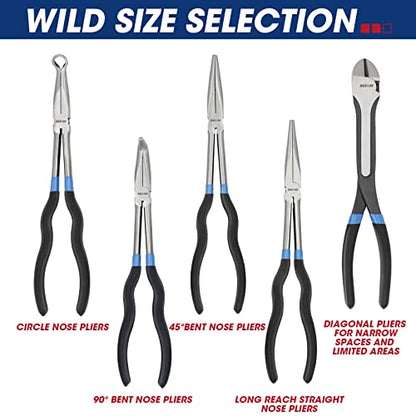 RIZOM 5-Piece 11 Inch Long Needle Nose Pliers Set, Extra Long Reach Pliers Set, 45°&90° Bent Needle Nose Pliers, Circle Nose and Diagonal Pliers for Narrow Spaces and Limited Areas - size: 5PCS