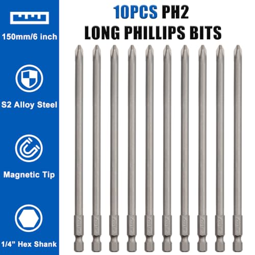 Wolfride 10pcs PH2 Long Magnetic Phillips Driver Bits 1/4 Inch Hex Shank Phillips Head Drill Bit Set Cross head screwdriver bits |5.9 Inch Length - style: PH2 Head