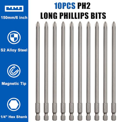 Wolfride 10pcs PH2 Long Magnetic Phillips Driver Bits 1/4 Inch Hex Shank Phillips Head Drill Bit Set Cross head screwdriver bits |5.9 Inch Length - style: PH2 Head