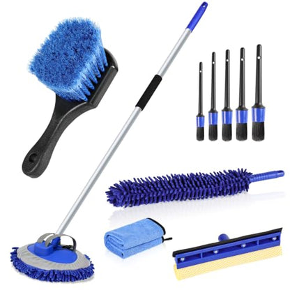 anngrowy 62" Microfiber Car Wash Brush with Long Handle, Car Washing Blue Set Mitt, Sponge, Car Cleaning Supplies Kit, Duster, Car Brush Accessories - color: Blue Set