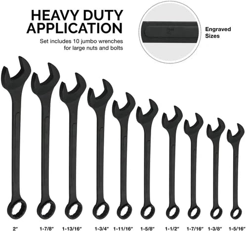 Neiko 03129A Jumbo Combination Wrench Set, 10-Piece Open-End Wrench Set, SAE Sizes 1 5/16 Inches to 2 Inches for Large Vehicles, Black Oxide Finish - size: 10 Piece, style: SAE