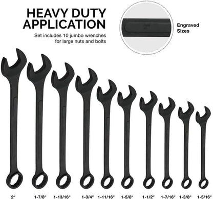 Neiko 03129A Jumbo Combination Wrench Set, 10-Piece Open-End Wrench Set, SAE Sizes 1 5/16 Inches to 2 Inches for Large Vehicles, Black Oxide Finish - size: 10 Piece, style: SAE