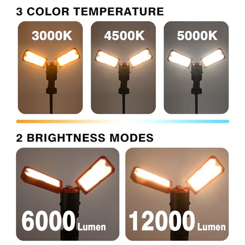 12000 Lumen 100W LED Work Light with Telescoping Tripod, Foldable Portable Corded Job Site Lighting, 288 LED Super Bright 3CCT 3000K/4500K/5000K Dual-Head Work Light with Stand