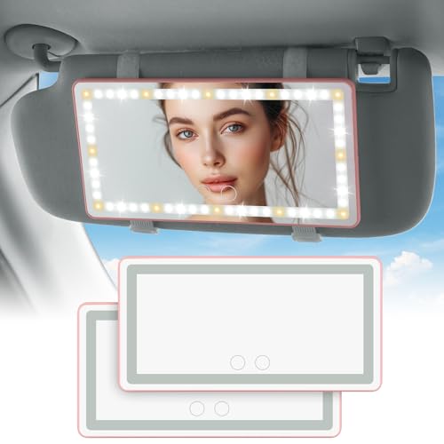 JOYTUTUS Car Sun Visor Vanity Mirror, Car Vanity Mirror With Lights, Makeup Mirror with 3 Light Modes & 60 LEDs, Rechargeable Car Mirror Dimmable Touch Control Travel Makeup Mirror for Car Truck SUV - color: Pink 2Pack