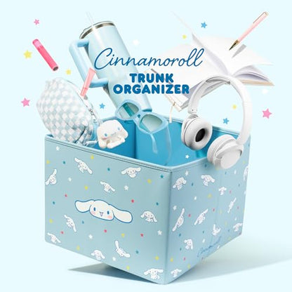 Sanrio Cinnamoroll Car Trunk Organizer & Steering Wheel Cover Set – Cute, Non-Slip, Soft Grip Car Accessories for Women – Collapsible Storage Bin for Groceries, Tools & Travel – 12.5"L x 12.5"W x 9"H - style: Set Cinnamoroll