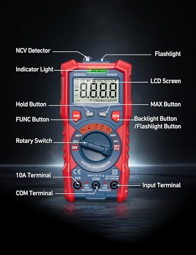 AstroAI Multimeter Tester, TRMS 4000 Counts Volt Meter Auto-Ranging Ohmmeter Digital 1.5v/9v/12v Battery Voltage Tester Measure Voltage Current Resistance Diodes Continuity Capacitance with NCV - style: Auto-Ranging