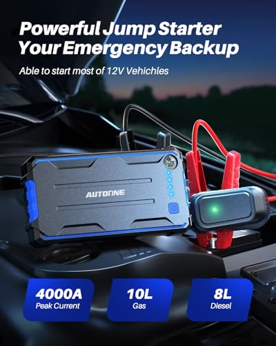 AUTOONE 4000A Car Jump Starter, Battery Jumper Starter Portable for Compact Car Up to 10.0L Gas and 8.0L Diesel Engine Jump Box with Jumper Cables, USB Output and LED Light - size: 4000A
