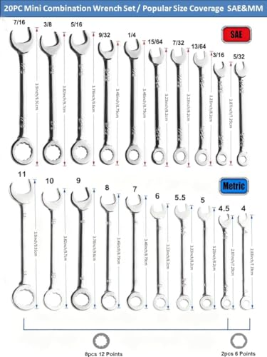 Small Wrench Set, 20-Piece Mini Combination Wrench Set, Ignition Wrench, Micro & Thin, SAE & Metric Size, 5/32"-7/16" & 4mm-11mm, with Unique Wrench Organizer (Red & Blue) - size: SAE+MERTIC