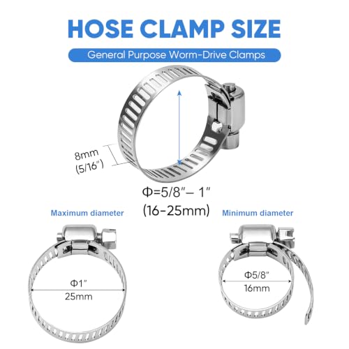 TICONN 24PCS Hose Clamp Set - 5/8''–1'' 304 Stainless Steel Worm Gear Hose Clamps for Pipe, Intercooler, Plumbing, Tube and Fuel Line (16–25 mm) - size: SAE #8 24PCS 5/8''~1"