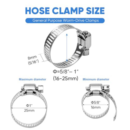 TICONN 24PCS Hose Clamp Set - 5/8''–1'' 304 Stainless Steel Worm Gear Hose Clamps for Pipe, Intercooler, Plumbing, Tube and Fuel Line (16–25 mm) - size: SAE #8 24PCS 5/8''~1"