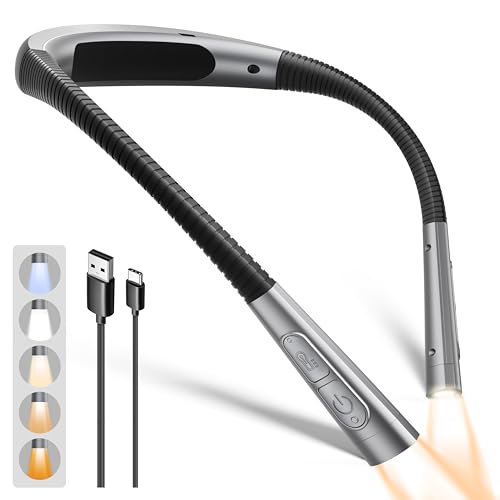Glocusent Upgraded Neck Light, 5-Color & 5-Brightness Reading Light, 100-hr Rechargeable Book Light, Slimmer &Ergonomic, Perfect Reading Lights for Books in Bed, Knitting, Repairing, Book Lovers Gifts | 5 colours and brightness levels, 100 hours duration,