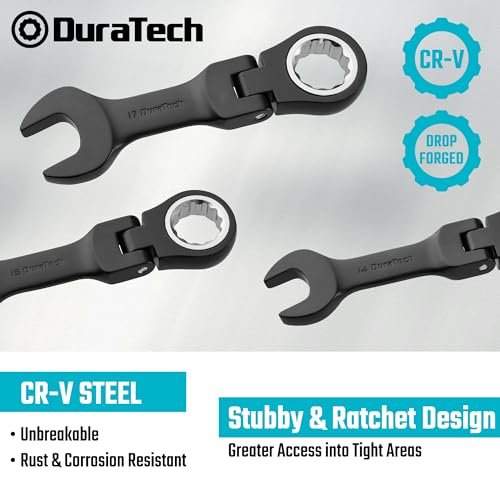 DURATECH Stubby Flex-head Ratcheting Combination Wrench Set, 8-piece, Metric, 9 to 17mm, CR-V Steel, Black Electrophoretic Coating, with Rolling Pouch - size: Metric