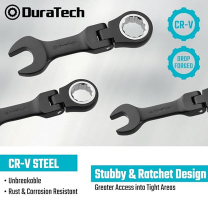 DURATECH Stubby Flex-head Ratcheting Combination Wrench Set, 8-piece, Metric, 9 to 17mm, CR-V Steel, Black Electrophoretic Coating, with Rolling Pouch - size: Metric