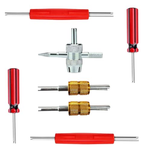 7PCS Tire Valve Stem Removal Tool Kit, 4-Way Single & Dual Head Schrader Valve Core Remover Wrench for Tire Repair Installation, Multi-Function Tools for Car Bike Truck RV HVAC Air Conditioner