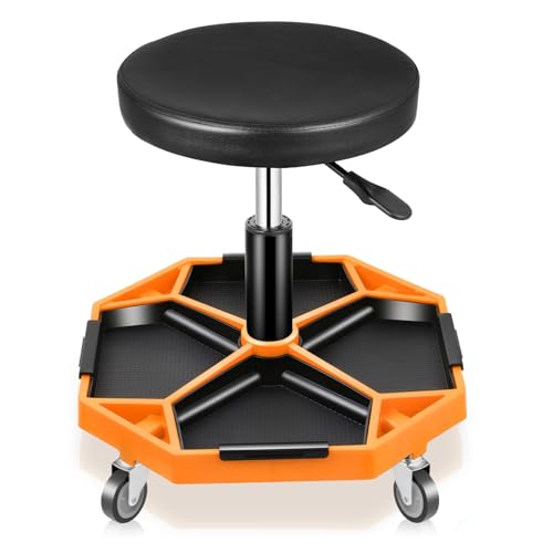 Auto Dynasty Mechanic Stool, Adjustable Rolling Pneumatic Creeper Garage Shop Seat with Tool Tray, 300 LBS Roller Seat for Workshop Auto Repair, Adjustable Height 15.7" to 21", Orange - color: Orange