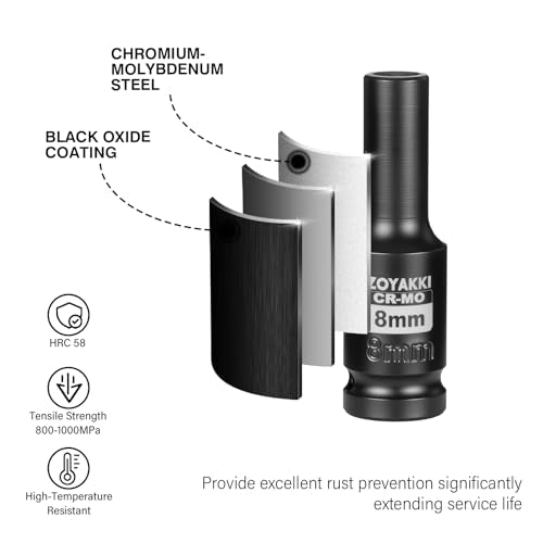 1/2" Drive 8mm Deep 6 Pt CR-MO Metric Impact Socket for Axle Nuts - size: 8mm, style: 1/2" Drive Deep
