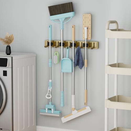 reliahom Broom Holder Wall Mount Mop Hanger Tools organizer 4Racks 5Hooks | Adjustable Mop Broom Wall Hanging Heavy duty Tools Storage Rack Space-saving for Garage,Kitchen,Laundry Room,Garden, Bronze - color: Bronze