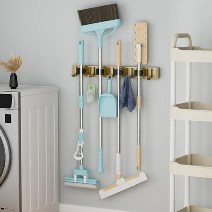 reliahom Broom Holder Wall Mount Mop Hanger Tools organizer 4Racks 5Hooks | Adjustable Mop Broom Wall Hanging Heavy duty Tools Storage Rack Space-saving for Garage,Kitchen,Laundry Room,Garden, Bronze - color: Bronze