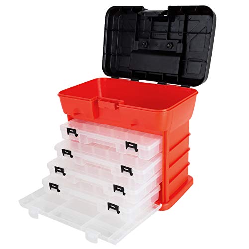 Small Parts Organizer Box - 11-Inch Portable Storage Case with 4 Removable Multi-Compartment Trays for Screws, Beads, Small Fishing Tackle, Hardware, and Craft Supplies by Stalwart (Red) - color: Red