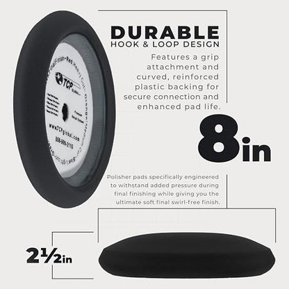 TCP Global 8" Black Foam Buffing Pad Extra Fine Finishing Polish Hook and Loop Backing - Buffing Pad for Automotive, Marine, Truck, RV & Compound Cutting - color: Black