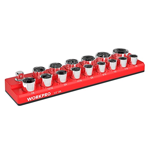 WORKPRO Magnetic Socket Organizer, 1/2-Inch SAE Socket Holder | Hold 16-Piece Sockets, Suitable for Standard and Deep Socket, Magnetic Base, No Scratches Installation, Sockets not Included - size: 1/2" DR - SAE