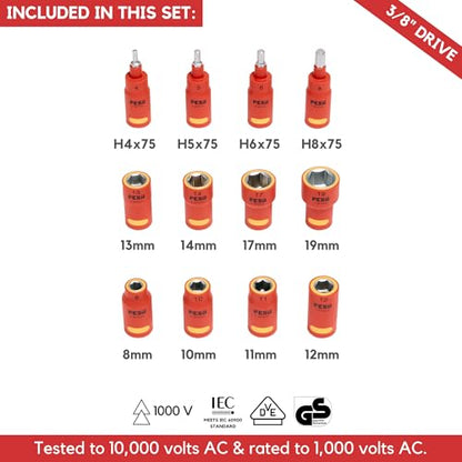 FESA 16-Piece Insulated Torque Wrench Set (3/8" Drive, 10-50 Nm Range) | with 8 Metric Sockets, 4 Hex Bit Sockets, 2 Extension Bars, T-Handle & Protective Case - style: 3/8" Drive, 10-50 Nm Wrench & Socket Set