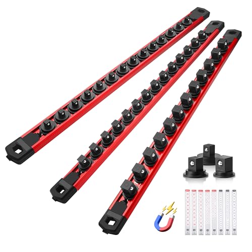 Reniteco Magnetic Socket Organizer Set, 3-Piece 1/2" 3/8" 1/4" Drive Aluminum Alloy Socket Holder with 40PC 360° Swivel Removable Clips, Magnetic Socket Rail for Tool Box Drawer, Red - color: Red, size: 3pc