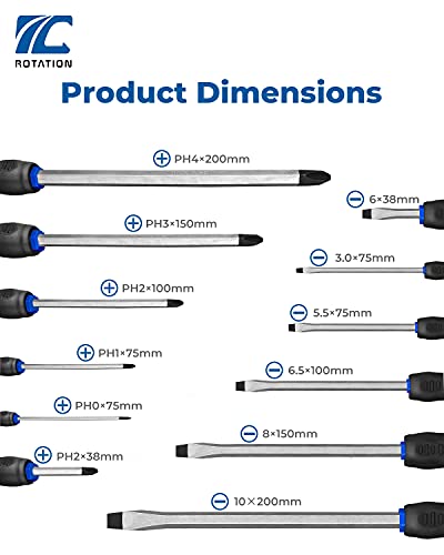 ROTATION 12pc Magnetic Screwdriver Set, with Go-Thru Steel Blades | 6 Phillips and 6 Flat Head Screwdrivers, High Torque for Fastening and Loosening - style: Black Tip_Matt Blade