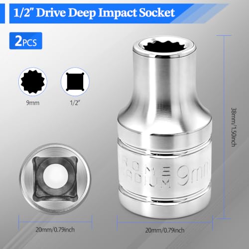 2 Pcs 1/2" Drive 9mm Shallow Impact Socket | Anti-Rounding 12 Point Design, Square Chamfered Opening, Easy Removal of Axle Nut - color: Shallow, size: 9mm