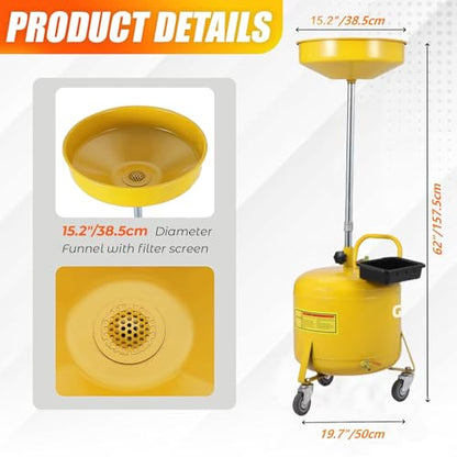 Garvee Oil Drain Container 8 Gallon, Portable Waste Oil Drain Tank, Air Operated Oil Drain Pan with Height-Adjustable Oil Drain Funnel, Oil Lift Drain for Auto Repair Shops, Garages, Yellow | Air Operated Drainer, Fluid Fuel Drainage, Adjustable Funnel He