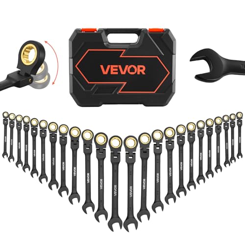 VEVOR 24-piece Ratcheting Wrench Set with 180° Flex Head, Anti-Slip Tooth, Combination Wrench Sets with Organizer Box, Metric 8-19mm & SAE 1/4-3/4", Black Electrophoretic Coating - color: Black 24pcs, size: Metric&SAE