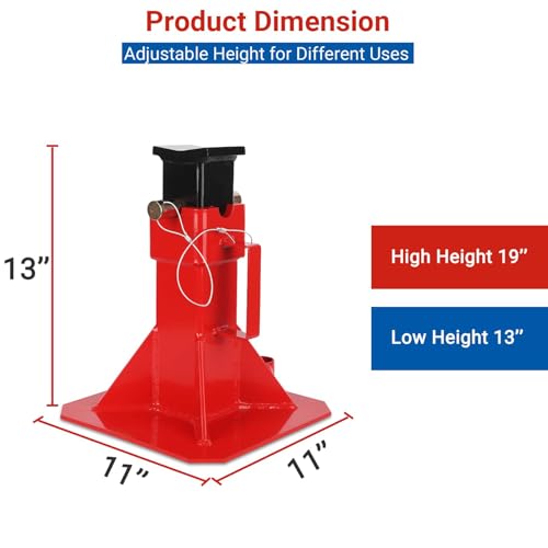 Heavy Duty Pin Style Automotive Jack Stands, Adjustable Height 13"-19", 22 Ton (44,000 Lb) Capacity, Red, 1 Pair
