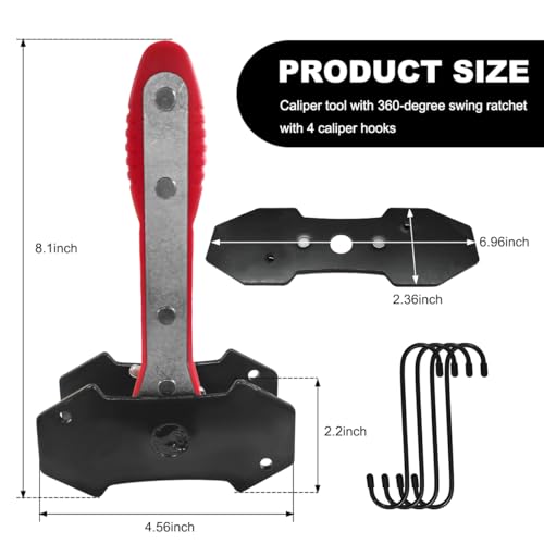 Brake Caliper Compression Tool Kit, 360° Ratchet Piston Compressor with 2 Large Steel Plates & 4 Caliper Hooks, Ratcheting Hand Wrench Expander Brake Pad Spreader for Car Truck SUV (Red) - color: Red