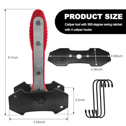 Brake Caliper Compression Tool Kit, 360° Ratchet Piston Compressor with 2 Large Steel Plates & 4 Caliper Hooks, Ratcheting Hand Wrench Expander Brake Pad Spreader for Car Truck SUV (Red) - color: Red
