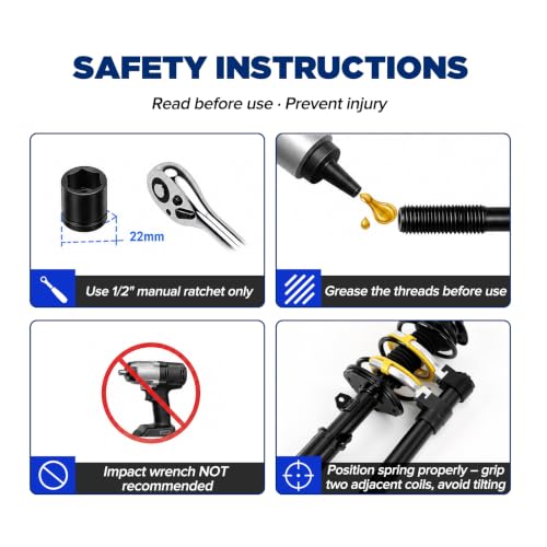 Heavy Duty On-Vehicle Strut Spring Compressor Kit for SUVs and Trucks | 4500kg/9921lbs cap, heat-treated steel ACME screw. 3 yoke pairs: 2.6"-8.3" OD. U-shaped fork for knuckle & ball joint work.