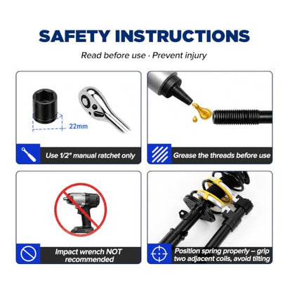 Heavy Duty On-Vehicle Strut Spring Compressor Kit for SUVs and Trucks | 4500kg/9921lbs cap, heat-treated steel ACME screw. 3 yoke pairs: 2.6"-8.3" OD. U-shaped fork for knuckle & ball joint work.