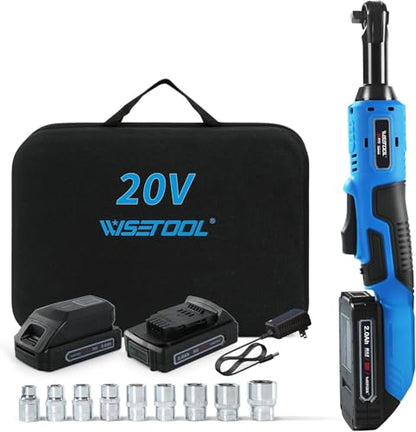 WISETOOL 20V 3/8 Inch Extended Cordless Ratchet Wrench w/ 2-Pack 2.0 Ah Batteries,60 N·m Battery Powered Ratchet Tool with 9 Sockets and Tool Bag - size: Extended Cordless Ratchet Wrench