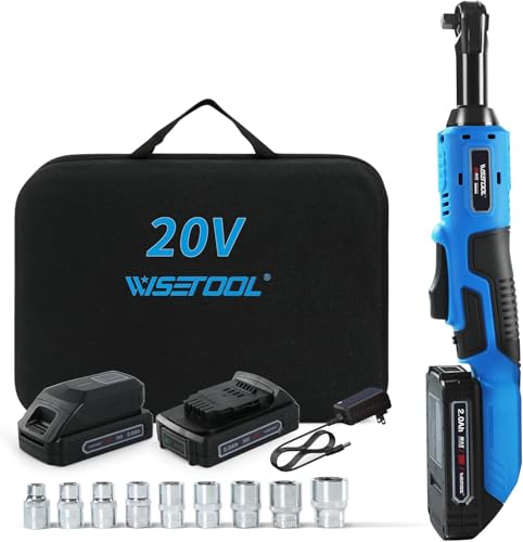 WISETOOL 20V 3/8 Inch Extended Cordless Ratchet Wrench w/ 2-Pack 2.0 Ah Batteries,60 N·m Battery Powered Ratchet Tool with 9 Sockets and Tool Bag - size: Extended Cordless Ratchet Wrench