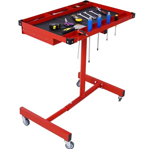 Rolling Tool Table, Heavy Duty Mobile Tool Tray Adjustable Work Table with Drawers, Rubber Corners＆Wheels, Adjustable Tear Down Work Table for Garages, Repair Shops and DIY (Red) - size: Red