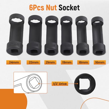 maXpeedingrods 8pc Strut Nut Socket 16mm 18mm 19mm 21mm 22mm 24mm | 12 Point 1/2" Drive Suspension Strut Spreader Socket - style: 8 Pcs