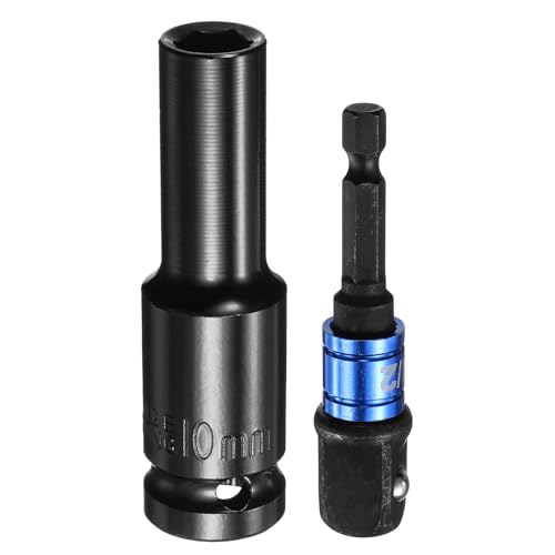 HARFINGTON Deep 6-Point Impact Socket 1/2" Drive 10mm Metric Socket 3" Length with 1/4" Hex Shank Adapter, CR-V Steel Socket Adapter Accessory Tool Set Kit for Hex Bolts Nuts - size: 10mm