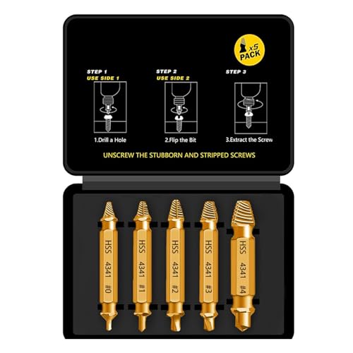 Professional Screw Extractor Set, 5-Piece HSS 4341 Double-Headed Drill Bits, Gold Titanium-Coated Steel, M3-M18 Size Range with Storage Case, for Damaged Screw Removal - color: Gold-5